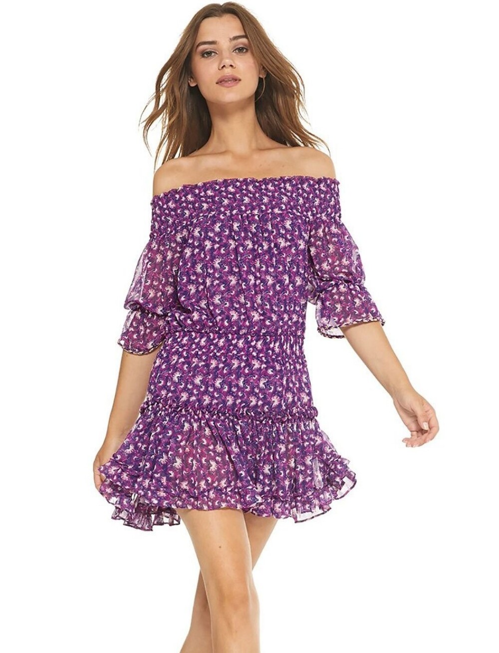 Misa Los Angeles Marisol Dress in Purple Floral Off The Shoulder Revolve Blogger